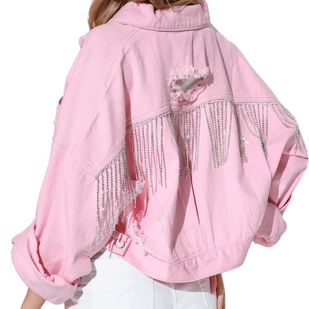 Joiemont Denim Jacket with Fringe Rhinestones
